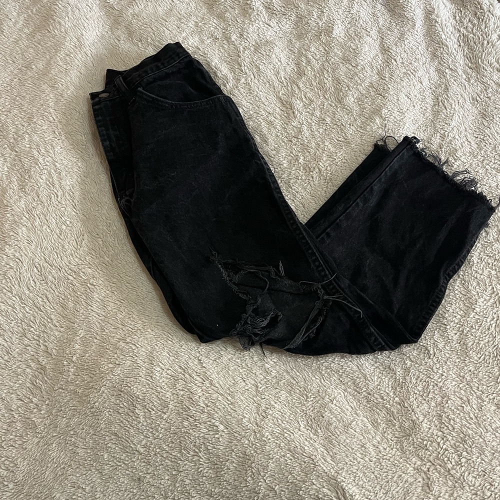Wrangler High Waisted Black Rustler Jeans | Raw Hem Distressed